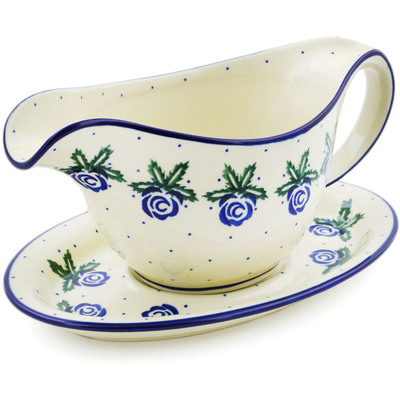 Polish Pottery Gravy Boat with Saucer 20 oz Blue Rose