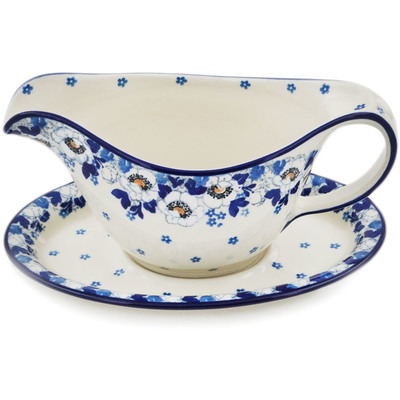Polish Pottery Gravy Boat with Saucer 20 oz Blue Spring
