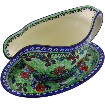 Polish Pottery Gravy Boat with Saucer 20 oz Brown Butterfly Garden UNIKAT