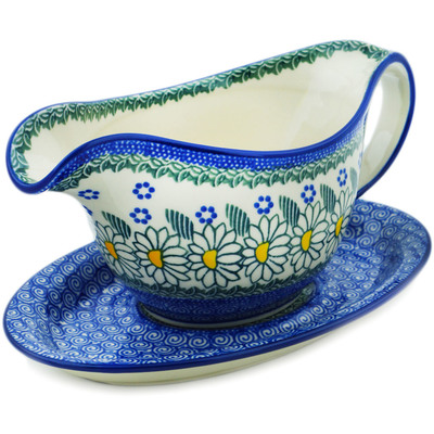 Polish Pottery Gravy Boat with Saucer 20 oz Crazy Daisy