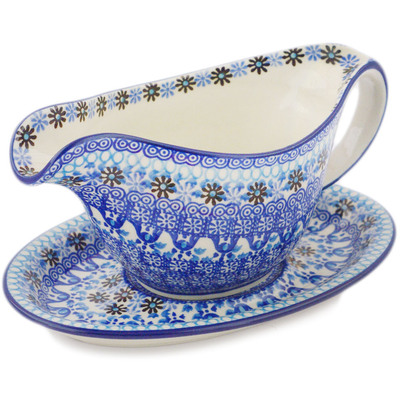 Polish Pottery Gravy Boat with Saucer 20 oz Crocheted Granny Squares