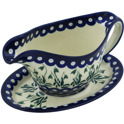 Polish Pottery Gravy Boat with Saucer 20 oz Falling Tulips