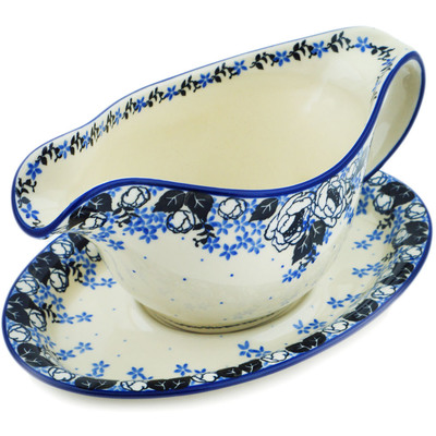 Polish Pottery Gravy Boat with Saucer 20 oz Flowers At Dusk