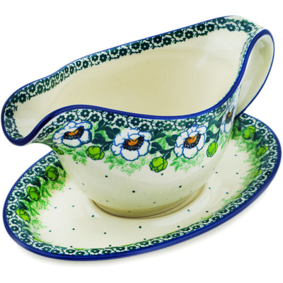 Polish Pottery Gravy Boat with Saucer 20 oz Green Flora