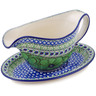 Polish Pottery Gravy Boat with Saucer 20 oz Green Pansies UNIKAT