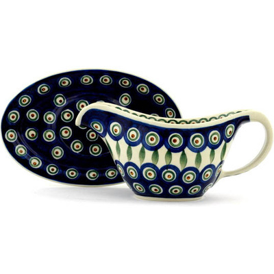 Polish Pottery Gravy Boat with Saucer 20 oz Peacock Leaves