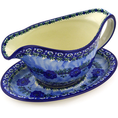 Polish Pottery Gravy Boat with Saucer 20 oz Poppy Chain UNIKAT