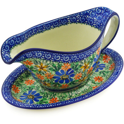 Polish Pottery Gravy Boat with Saucer 20 oz Profusion UNIKAT