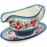Polish Pottery Gravy Boat with Saucer 20 oz Red Pansy