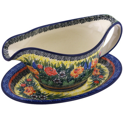 Polish Pottery Gravy Boat with Saucer 20 oz Splendid Morning Glow UNIKAT