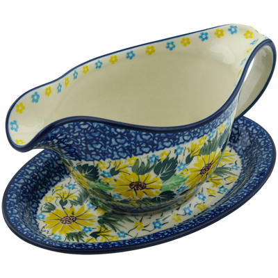 Polish Pottery Gravy Boat with Saucer 20 oz Sunflower Surprise UNIKAT