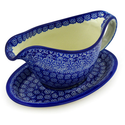 Polish Pottery Gravy Boat with Saucer 20 oz Winter Frost