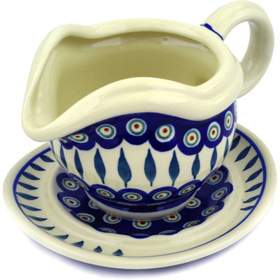Polish Pottery Gravy Boat with Saucer 22 oz Peacock Leaves