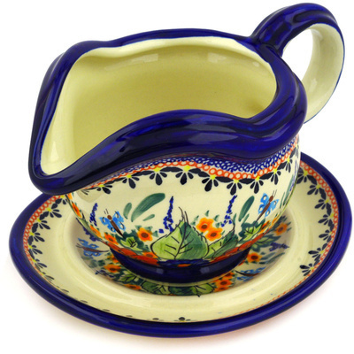 Polish Pottery Gravy Boat with Saucer 22 oz Spring Splendor UNIKAT