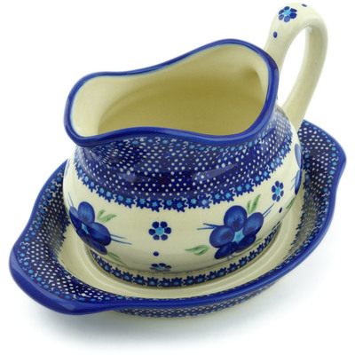 Polish Pottery Gravy Boat with Saucer Bleu-belle Fleur