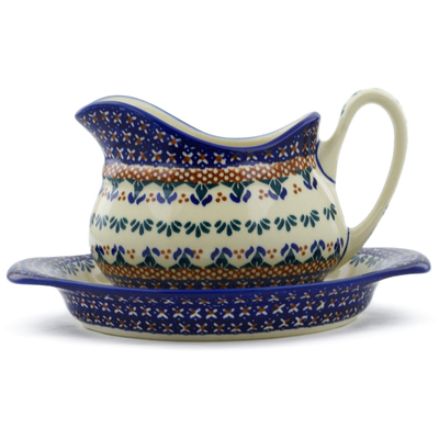 Polish Pottery Gravy Boat with Saucer Blue Cress