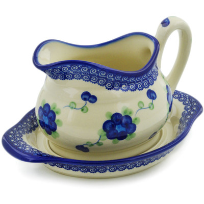 Polish Pottery Gravy Boat with Saucer Blue Poppies