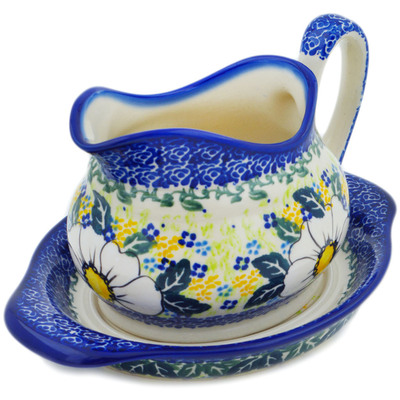 Polish Pottery Gravy Boat with Saucer Floral Fantasy UNIKAT