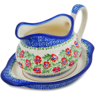 Polish Pottery Gravy Boat with Saucer Midsummer Bloom