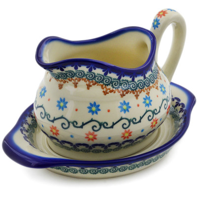 Polish Pottery Gravy Boat with Saucer Sunflower Dance