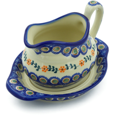 Polish Pottery Gravy Boat with Saucer Sunflower Peacock