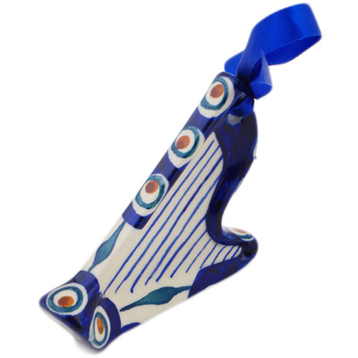 Polish Pottery Harp Ornament 4&quot; Peacock Leaves