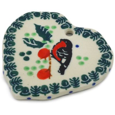 Polish Pottery Heart Pendant 2&quot; Christmas Chickadee