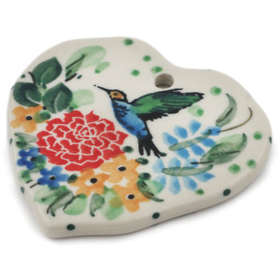 Polish Pottery Heart Pendant 2&quot; Hummingbird Meadow UNIKAT