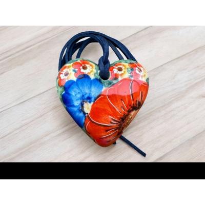 Polish Pottery heart pendant necklace Passionate Blooms UNIKAT