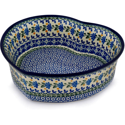 Polish Pottery Heart Shaped Bowl 10&quot; Blue Fan Flowers