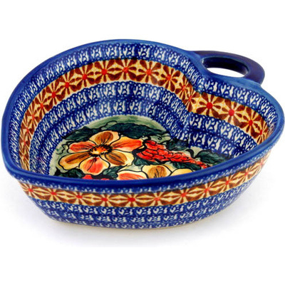 Polish Pottery Heart Shaped Bowl 10&quot; Colorful Bouquet UNIKAT