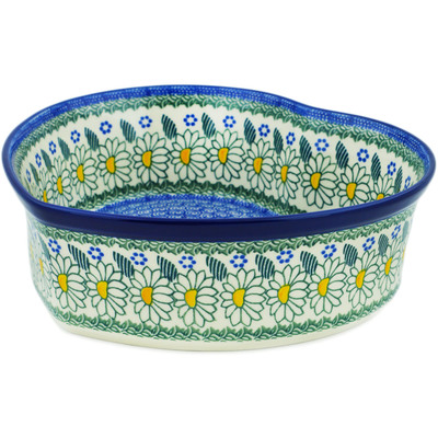 Polish Pottery Heart Shaped Bowl 10&quot; Crazy Daisy