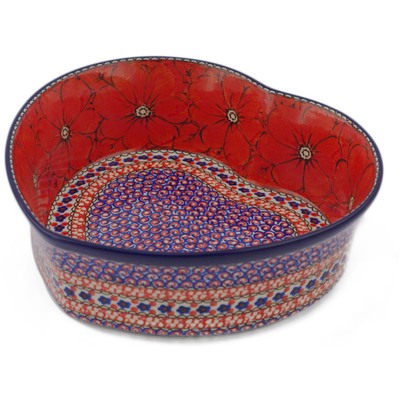 Polish Pottery Heart Shaped Bowl 10&quot; Crimson Poppies UNIKAT