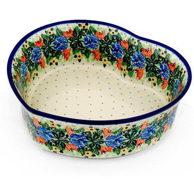 Polish Pottery Heart Shaped Bowl 10&quot; Dotted Floral Wreath UNIKAT