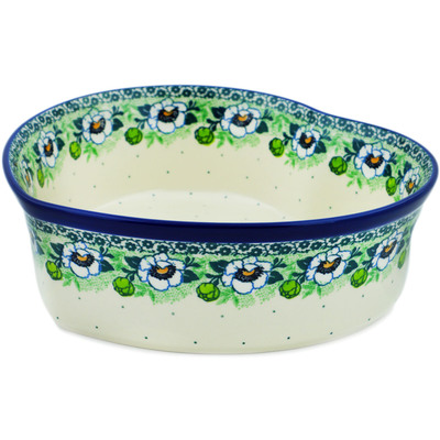 Polish Pottery Heart Shaped Bowl 10&quot; Green Flora