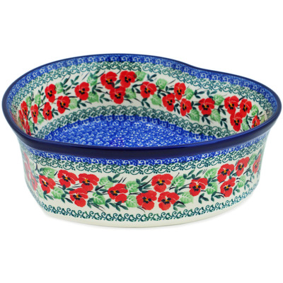 Polish Pottery Heart Shaped Bowl 10&quot; Red Pansy