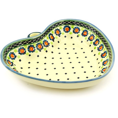 Polish Pottery Heart Shaped Bowl 10&quot; Sunburt Circle
