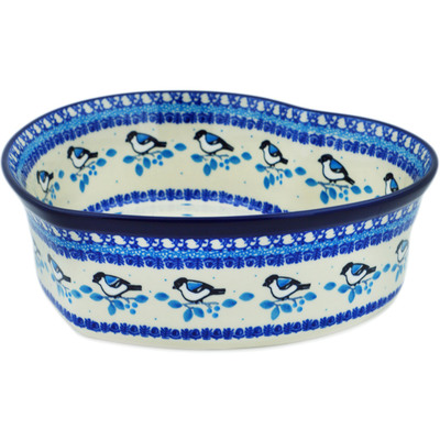 Polish Pottery Heart Shaped Bowl 10&quot; Winter Sparrow