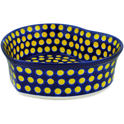Polish Pottery Heart Shaped Bowl 10&quot; Yellow Dots