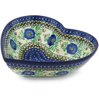 Polish Pottery Heart Shaped Bowl 11&quot; Cobalt Poppies UNIKAT