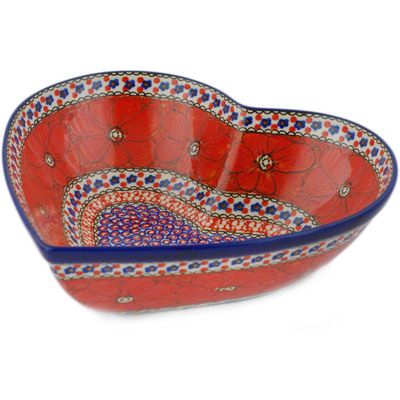 Polish Pottery Heart Shaped Bowl 11&quot; Crimson Poppies UNIKAT