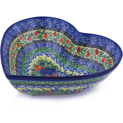 Polish Pottery Heart Shaped Bowl 11&quot; Joyful Blue UNIKAT