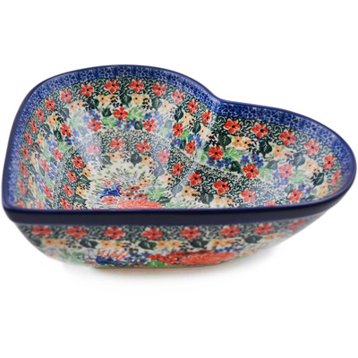 Polish Pottery Heart Shaped Bowl 11&quot; Spring Garden UNIKAT