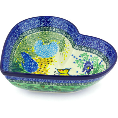 Polish Pottery Heart Shaped Bowl 11&quot; Spring Garden UNIKAT
