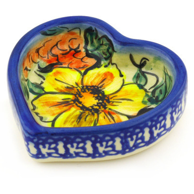 Polish Pottery Heart Shaped Bowl 3&quot; Colorful Bouquet UNIKAT