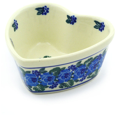 Polish Pottery Heart Shaped Bowl 4&quot; Blue Carnation