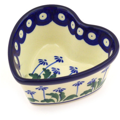 Polish Pottery Heart Shaped Bowl 4&quot; Blue Daisy Peacock