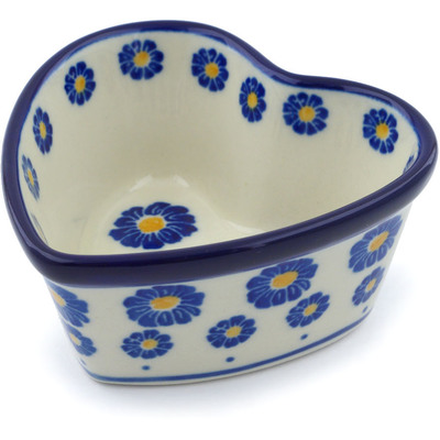 Polish Pottery Heart Shaped Bowl 4&quot; Blue Zinnia