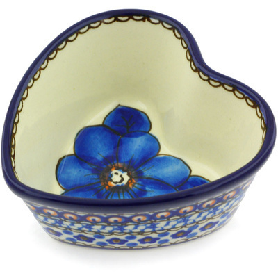Polish Pottery Heart Shaped Bowl 4&quot; Cobalt Poppies UNIKAT