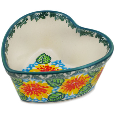 Polish Pottery Heart Shaped Bowl 4&quot; Marigold Chain UNIKAT